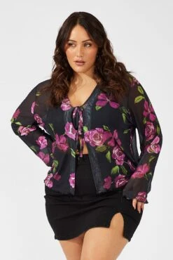 Black Floral Ruffle Top Long Sleeve Tie Up Mesh -You And All Fashion Store cjc1961 84jb floral 3