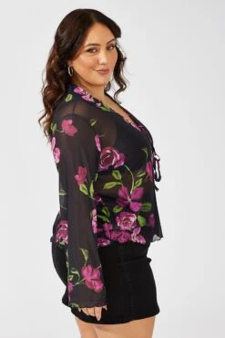 Black Floral Ruffle Top Long Sleeve Tie Up Mesh -You And All Fashion Store cjc1961 84jb floral 4
