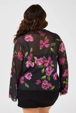 Black Floral Ruffle Top Long Sleeve Tie Up Mesh -You And All Fashion Store cjc1961 84jb floral 5