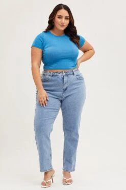 Mid Blue Crop T-shirt Crew Neck Short Sleeve Slinky Jersey -You And All Fashion Store cjc1971 38ab mid blue 2 2