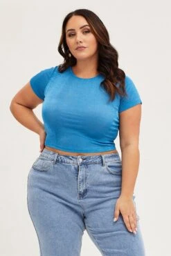 Mid Blue Crop T-shirt Crew Neck Short Sleeve Slinky Jersey -You And All Fashion Store cjc1971 38ab mid blue 3 1