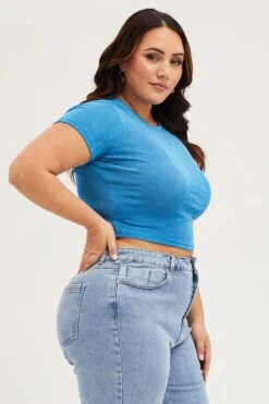 Mid Blue Crop T-shirt Crew Neck Short Sleeve Slinky Jersey -You And All Fashion Store cjc1971 38ab mid blue 4 1