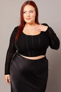 Black Lace Top Long Sleeve Square Neck Corset