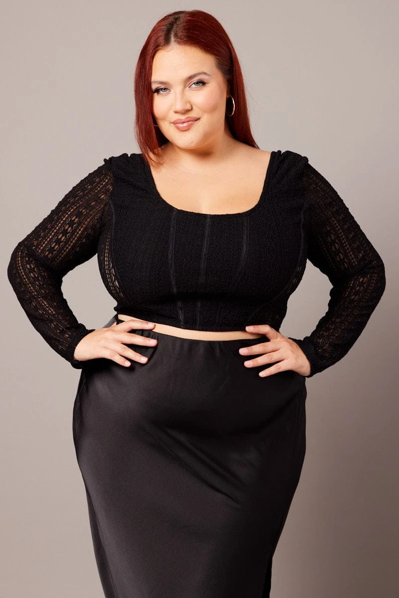 Black Lace Top Long Sleeve Square Neck Corset 2 Black Lace Top Long Sleeve Square Neck Corset - Image 2