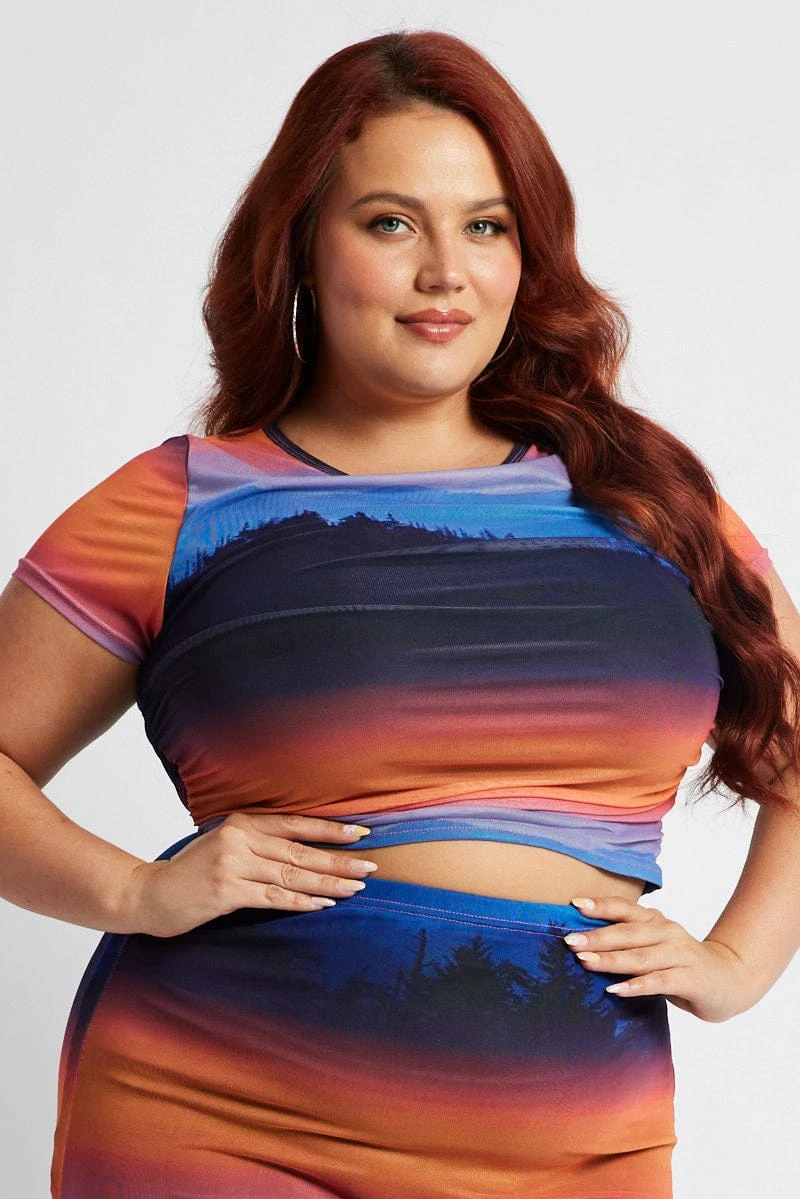 Pink Abstract Mesh Top Short Sleeve Crew Neck Side Ruched 1 Pink Abstract Mesh Top Short Sleeve Crew Neck Side Ruched