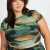 Green Abstract Mesh Top Short Sleeve Crew Neck Side Ruched