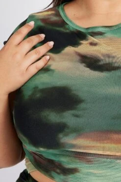 Green Abstract Mesh Top Short Sleeve Crew Neck Side Ruched -You And All Fashion Store cjc1978x 84j abstract 6