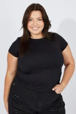 Black Supersoft Top Short Sleeve Crew Neck Side Ruched -You And All Fashion Store cjc1988 84j black 3