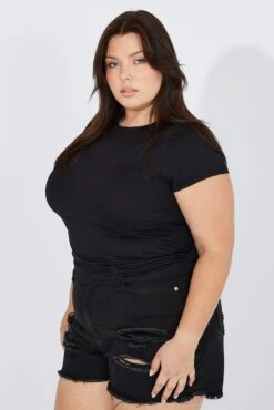 Black Supersoft Top Short Sleeve Crew Neck Side Ruched -You And All Fashion Store cjc1988 84j black 4