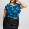 Blue Abstract Mesh Top Short Sleeve Crew Neck