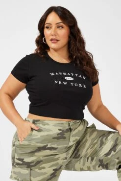 Black Graphic T-shirt Short Sleeve Crew Neck Crop