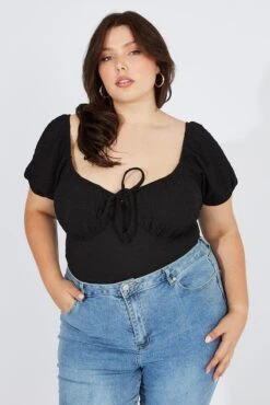 Black Bodysuit Short Sleeve Sweetheart Neckline Textured -You And All Fashion Store cjc2010 84j black 3