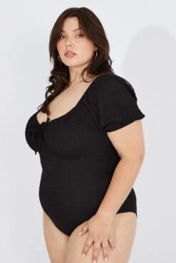 Black Bodysuit Short Sleeve Sweetheart Neckline Textured -You And All Fashion Store cjc2010 84j black 4