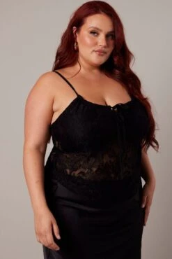 Black Lace Singlet Top Sleeveless Longline Tie Front -You And All Fashion Store cjc2069 47j black 3