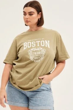 Green Short Sleeve Oversized Boston Round Neck T-shirt -You And All Fashion Store cjc2070 84a khaki 3