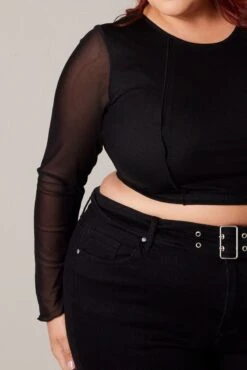 Black Mesh Top Long Sleeve Round Neck Panel Detail -You And All Fashion Store cjc2074 47j black 6