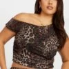 Brown Animal Print One Shoulder Top Short Sleeve Mesh