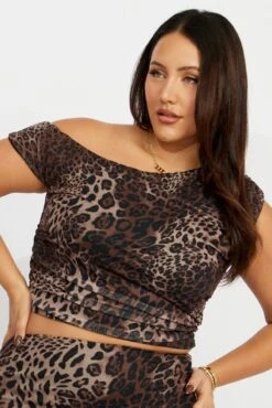 Brown Animal Print One Shoulder Top Short Sleeve Mesh -You And All Fashion Store cjc2090ex 84j animal pri 3