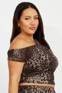 Brown Animal Print One Shoulder Top Short Sleeve Mesh -You And All Fashion Store cjc2090ex 84j animal pri 4