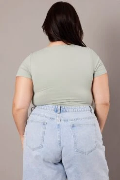 Green Bodysuit Short Sleeve Square Neck Supersoft -You And All Fashion Store cjc2095 84jb sage 4