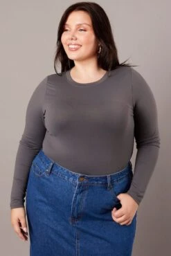 Grey Bodysuit Long Sleeve Crew Neck Supersoft -You And All Fashion Store cjc2103 84j charcoal 3