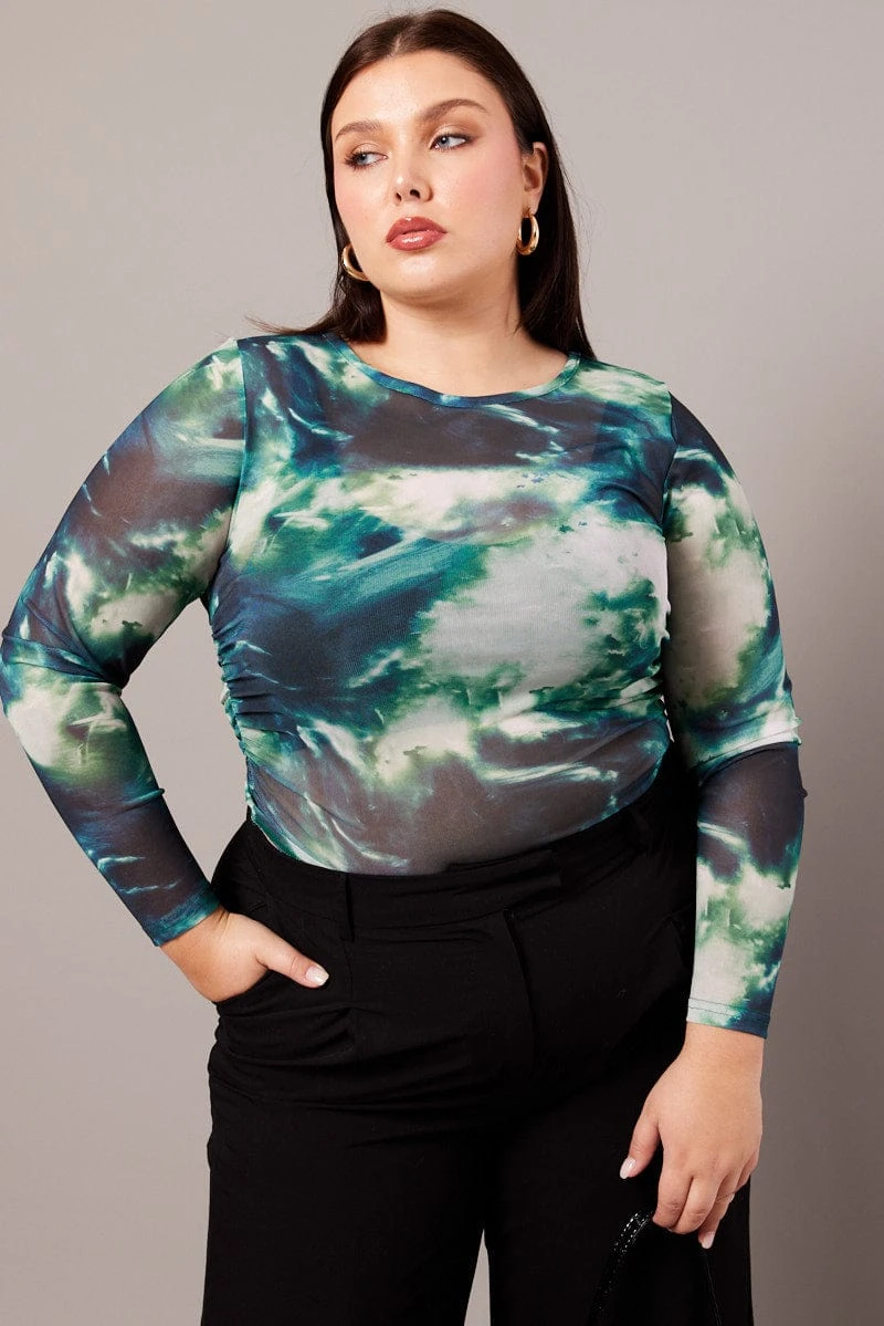 Green Abstract Mesh Top Long Sleeve Crew Neck 1 Green Abstract Mesh Top Long Sleeve Crew Neck