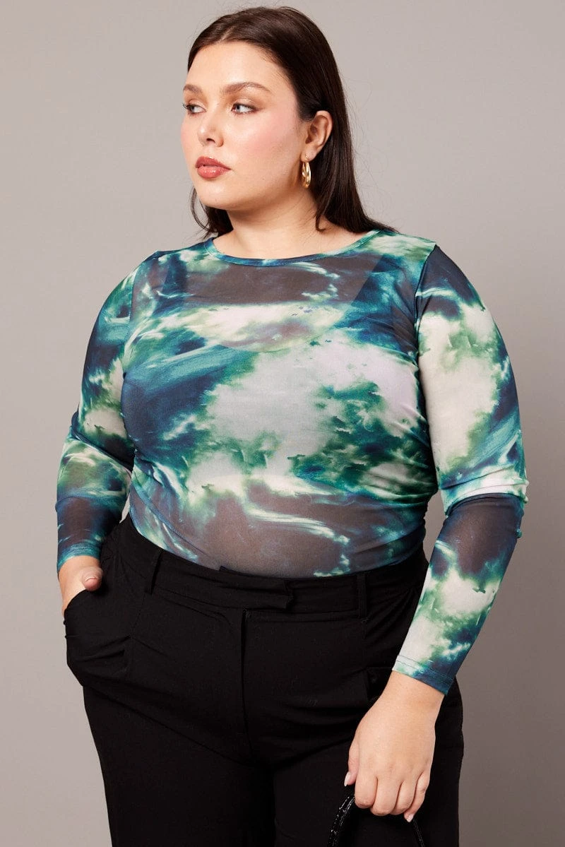 Green Abstract Mesh Top Long Sleeve Crew Neck 3 Green Abstract Mesh Top Long Sleeve Crew Neck - Image 3