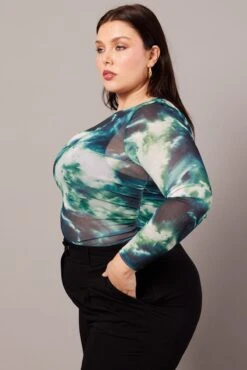 Green Abstract Mesh Top Long Sleeve Crew Neck 9 Green Abstract Mesh Top Long Sleeve Crew Neck -You And All Fashion Store cjc2118 84j abstract 4