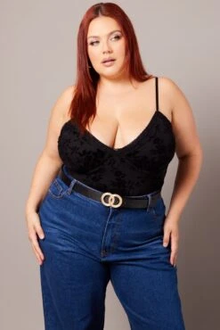 Black Bodysuit Sleeveless V-neck Burn Out Lace Trim -You And All Fashion Store cjc2123 84j black 3