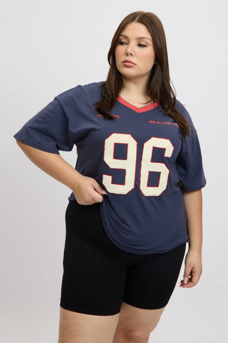 Blue Graphic T-shirt Short Sleeve V-Neck Oversized 1 Blue Graphic T-shirt Short Sleeve V-Neck Oversized