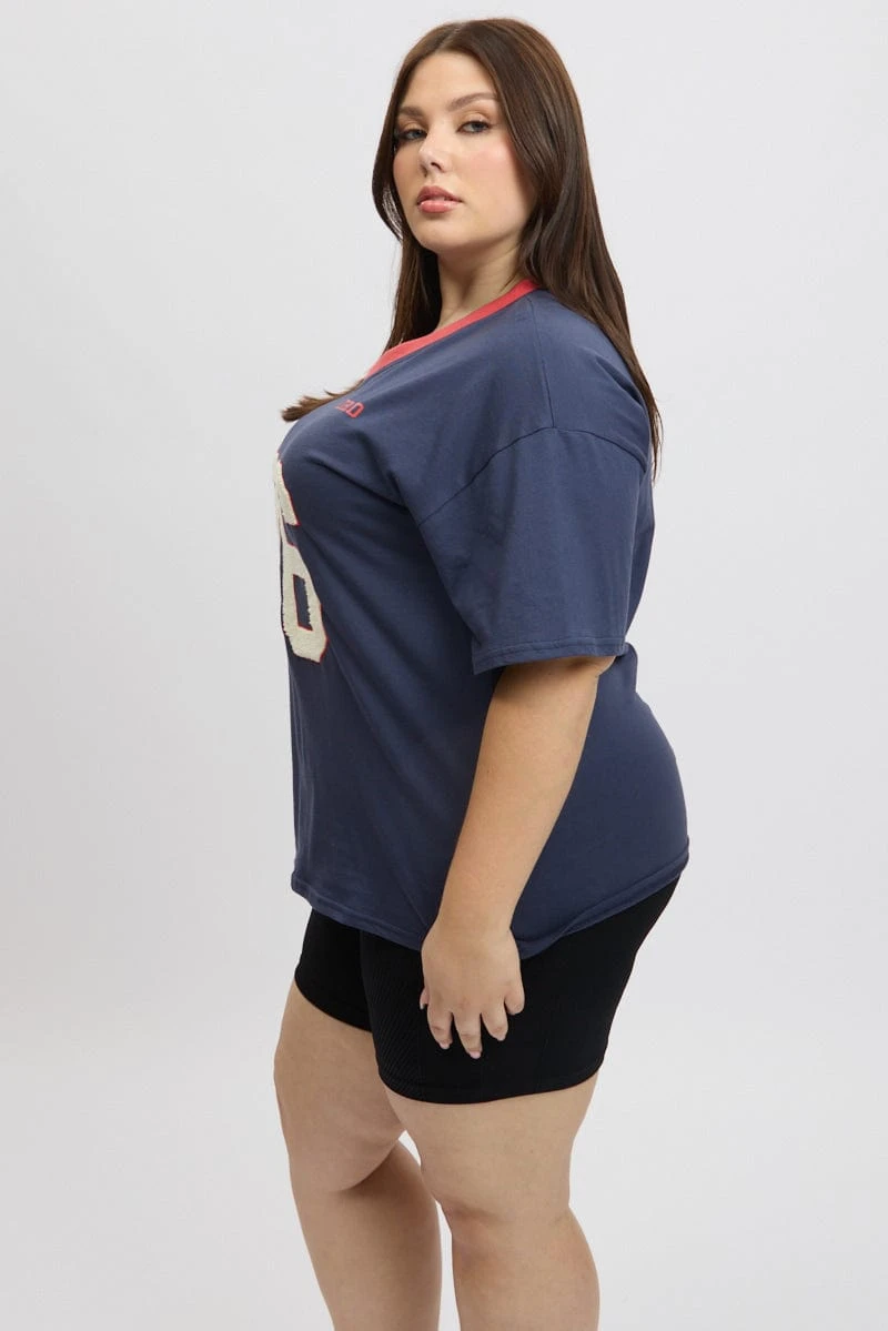 Blue Graphic T-shirt Short Sleeve V-Neck Oversized 4 Blue Graphic T-shirt Short Sleeve V-Neck Oversized - Image 4