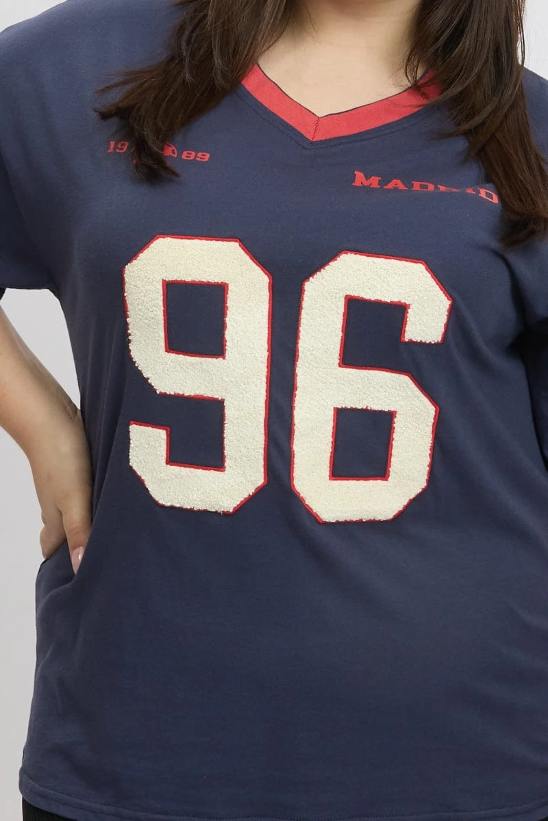 Blue Graphic T-shirt Short Sleeve V-Neck Oversized 6 Blue Graphic T-shirt Short Sleeve V-Neck Oversized - Image 6