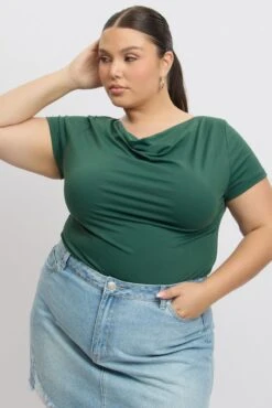 Green T-Shirt Short Sleeve Cowl Neck