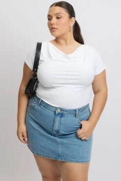 White T-Shirt Short Sleeve Cowl Neck