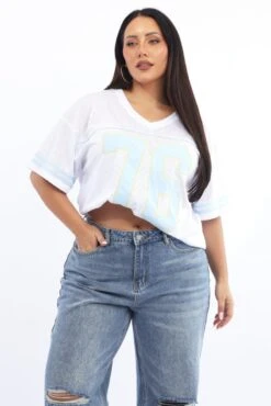 White Graphic T-shirt Short Sleeve V-neck