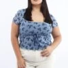 Blue Floral Mesh Top Burn Out Short Sleeve