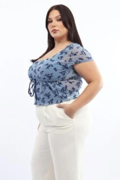 Blue Floral Mesh Top Burn Out Short Sleeve -You And All Fashion Store cjc2471a 84j floral 3