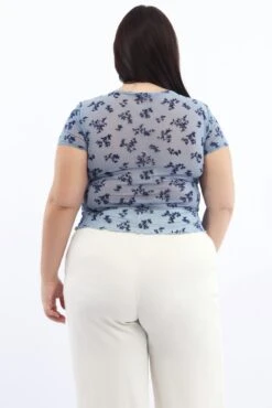 Blue Floral Mesh Top Burn Out Short Sleeve -You And All Fashion Store cjc2471a 84j floral 4
