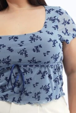 Blue Floral Mesh Top Burn Out Short Sleeve -You And All Fashion Store cjc2471a 84j floral 5