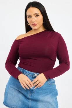 Red One Shoulder Top Long Sleeve -You And All Fashion Store cjc2514 118j burgundy 3