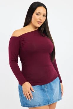 Red One Shoulder Top Long Sleeve -You And All Fashion Store cjc2514 118j burgundy 5