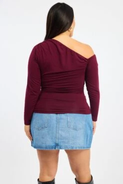 Red One Shoulder Top Long Sleeve -You And All Fashion Store cjc2514 118j burgundy 6