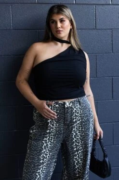 Black Mesh Top One Shoulder Scarf Detail