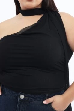 Black Mesh Top One Shoulder Scarf Detail -You And All Fashion Store cjc2518 84jb black 6