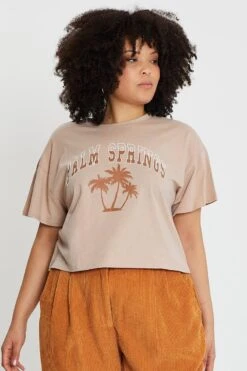 Pink Graphic T-shirt Palm Springs Crew Neck Cotton -You And All Fashion Store cjc25389ah 84ab mink 3