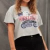 Grey Graphic T-shirt Vintage Bike Crop Cotton