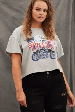 Grey Graphic T-shirt Vintage Bike Crop Cotton