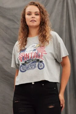 Grey Graphic T-shirt Vintage Bike Crop Cotton -You And All Fashion Store cjc25389be 84a grey 3