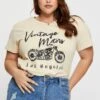 Beige Graphic T-shirt Vintage Motors Short Sleeve Cotton