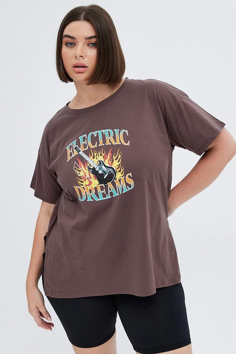 Brown Graphic T-shirt Electric Dreams Print